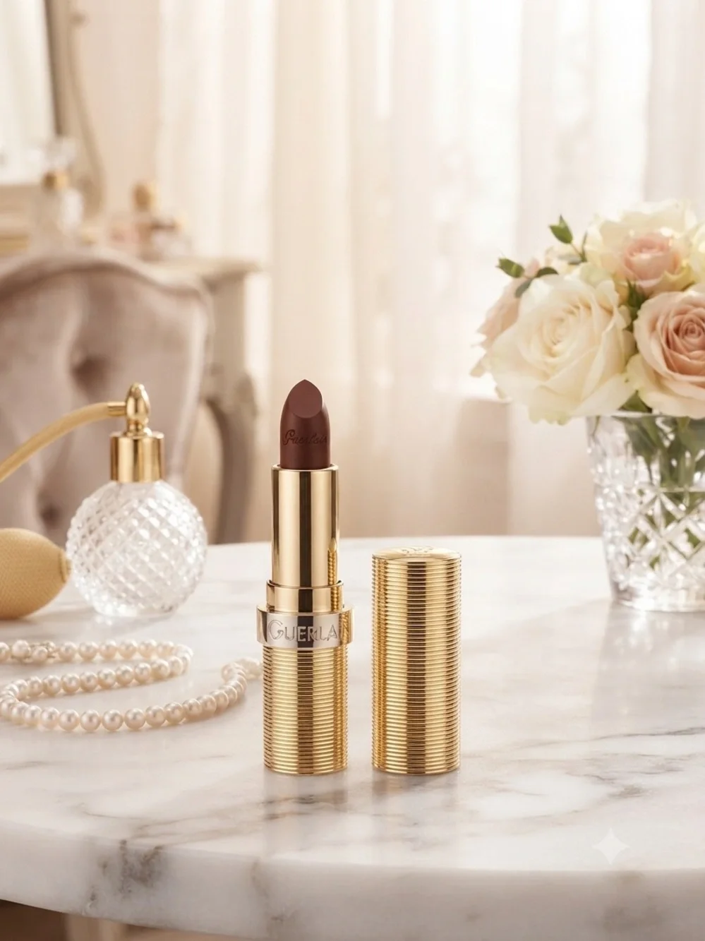 GUERLAIN Lipstick in Deep Mauve Brown with Gold Case